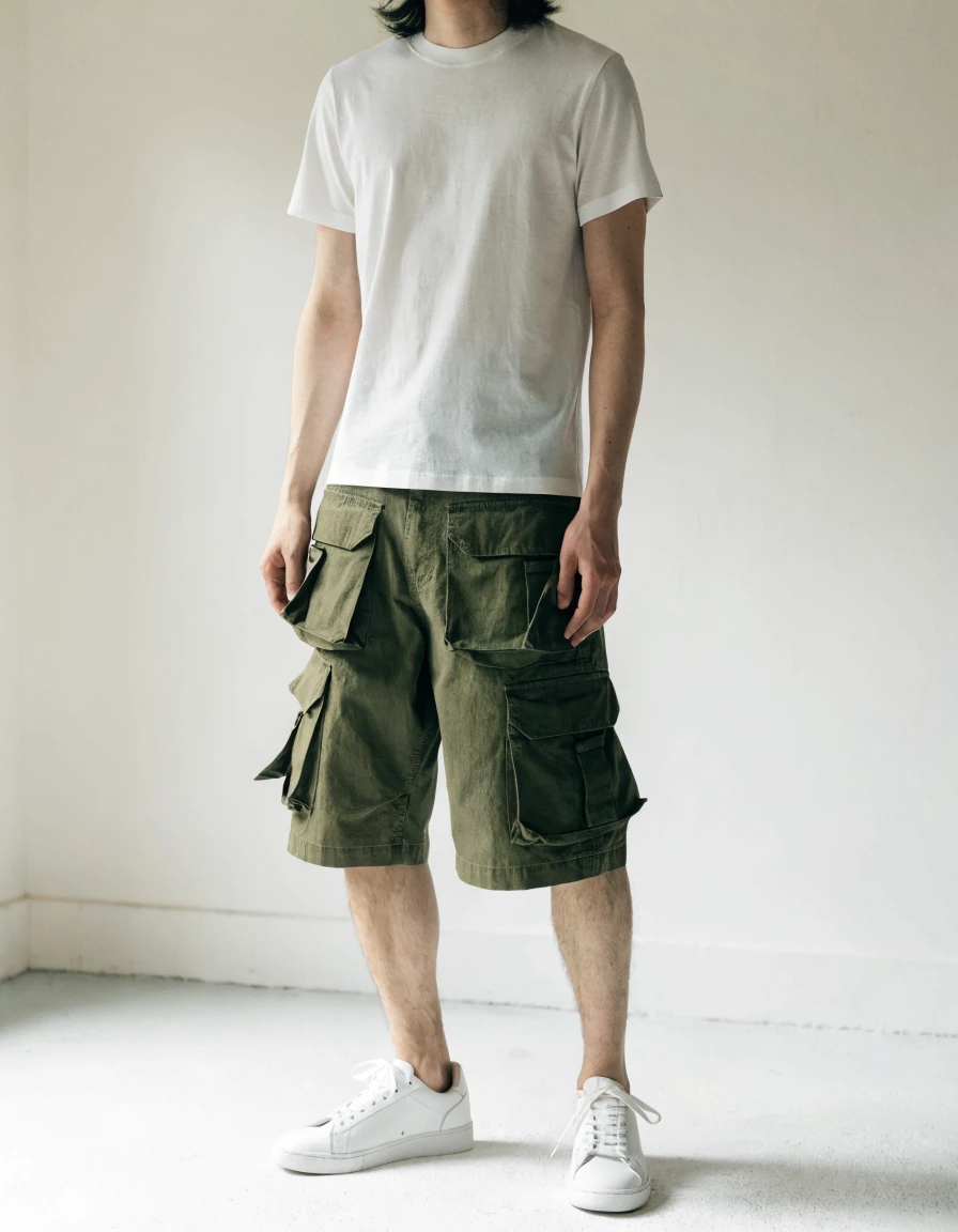 Cargo Shorts in olive, front.