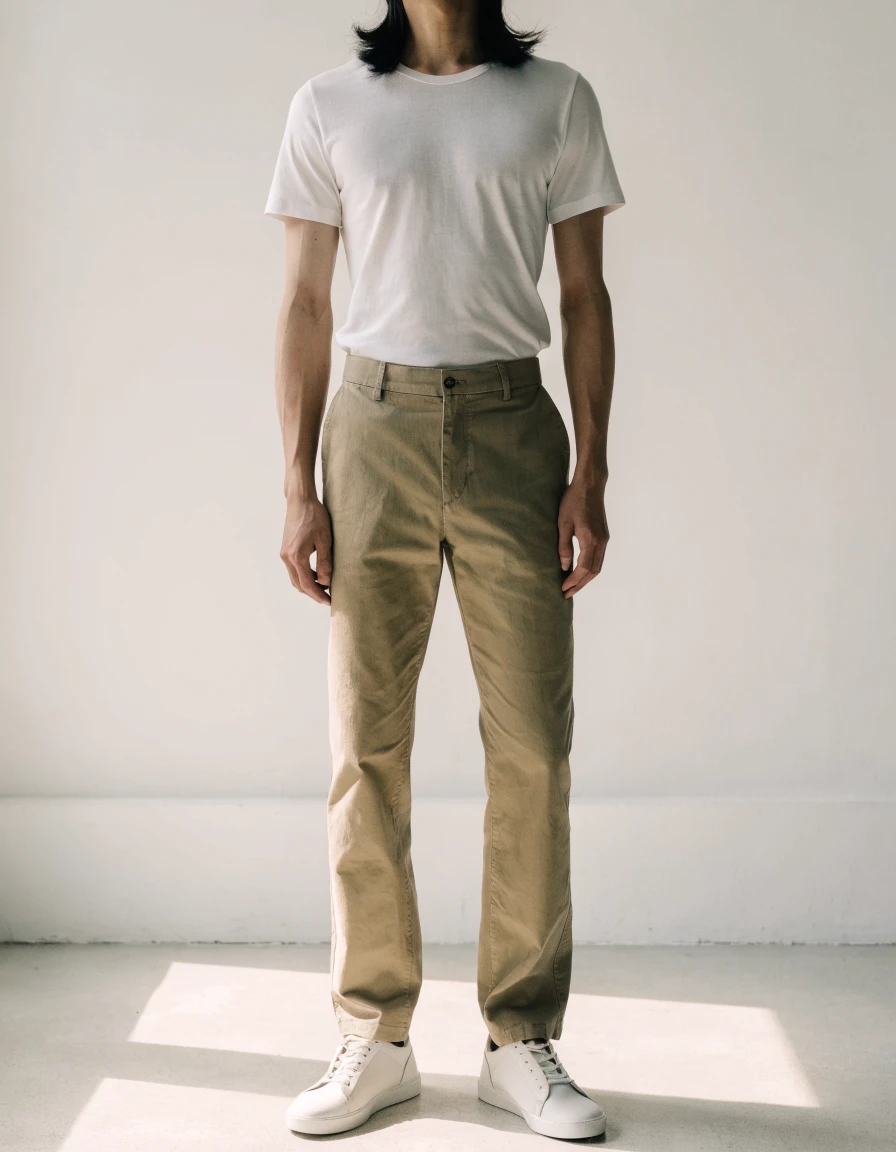 Chino Pants in khaki, front.