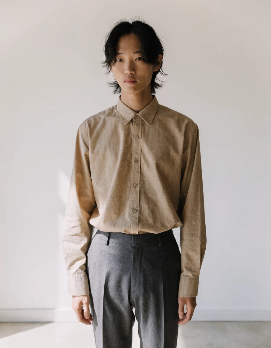 Oxford Shirt in sand, front.