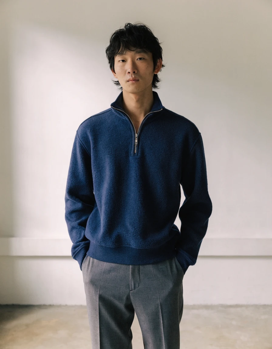 Quarter Zip in navy, front.