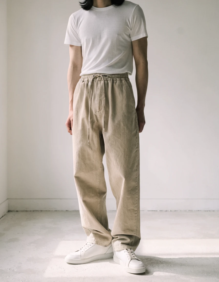 Relaxed Trousers in sand, front.