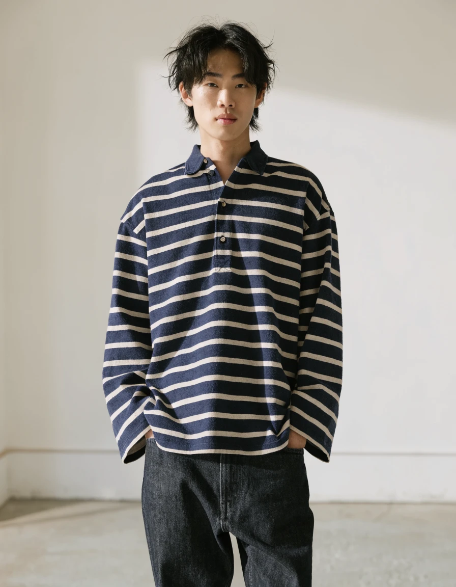Rugby Shirt in navy/ecru stripe, front.