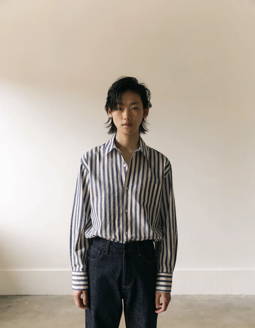 Striped Shirt in navy stripe, front.